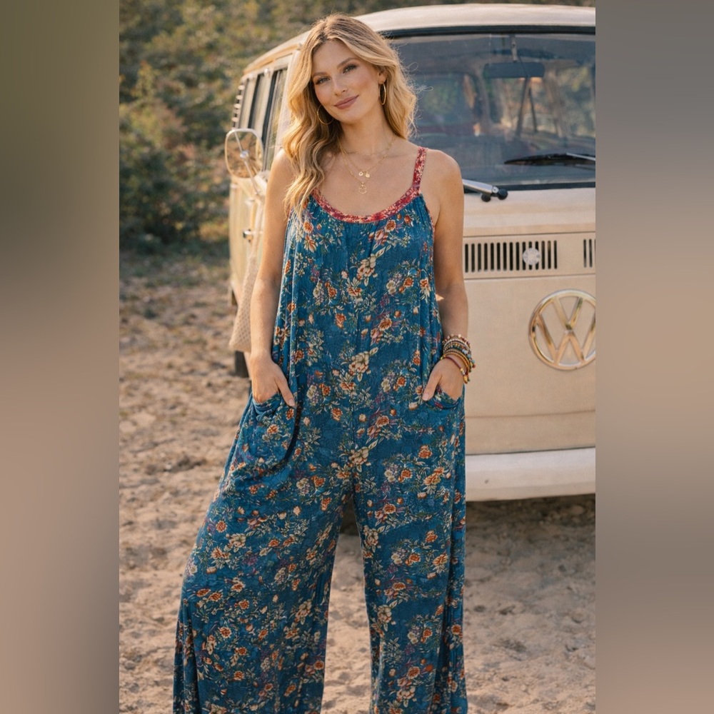 NATURAL LIFE Teal Floral Wide-Leg Romper with Pockets